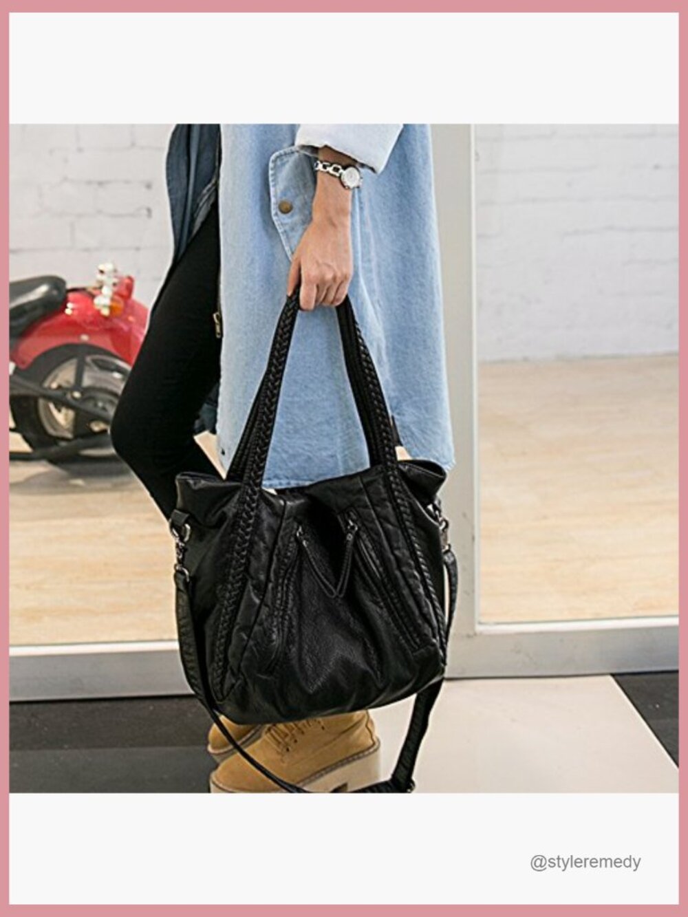 Slouchy Vegan Leather Hobo Bag - Oversized Shoulder Purse with Braided Handle - Picture 3 of 6